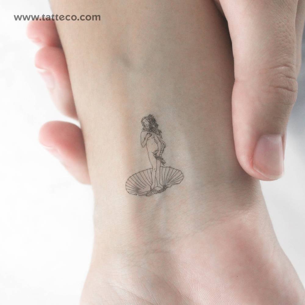 Fine line style little Botticelli's Venus temporary tattoo located on the wrist.