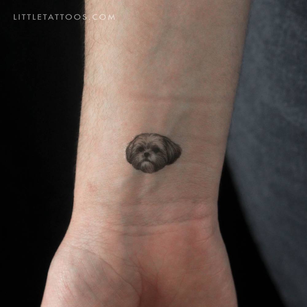 Micro-realistic Shih Tzu portrait temporary tattoo located on the wrist.