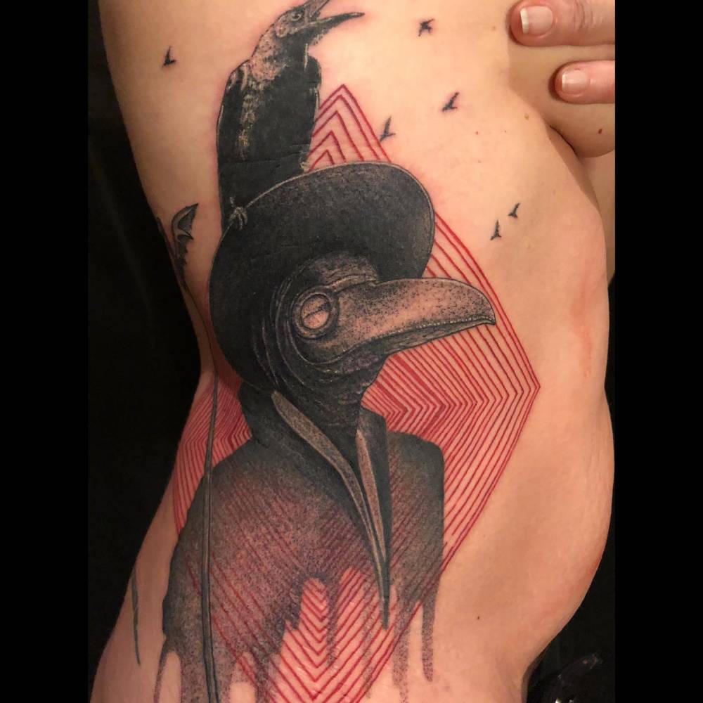 Graphic style plague doctor and crow tattoo.