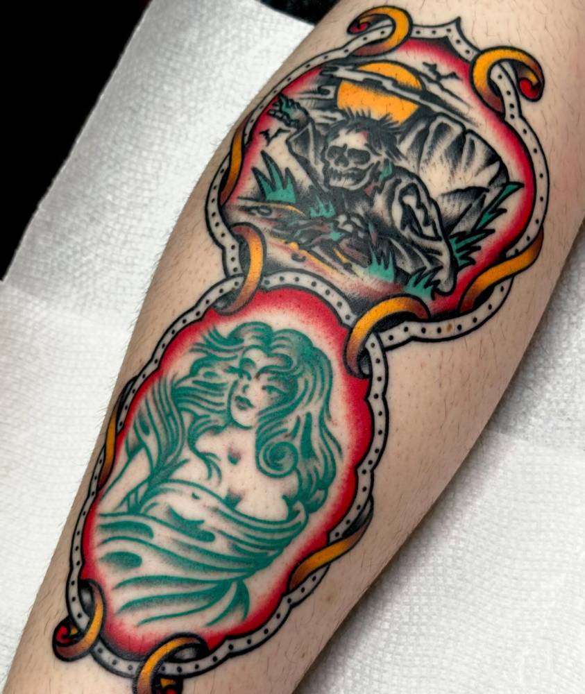 Traditional style ghost girl and zombie tattoo located on the shin.