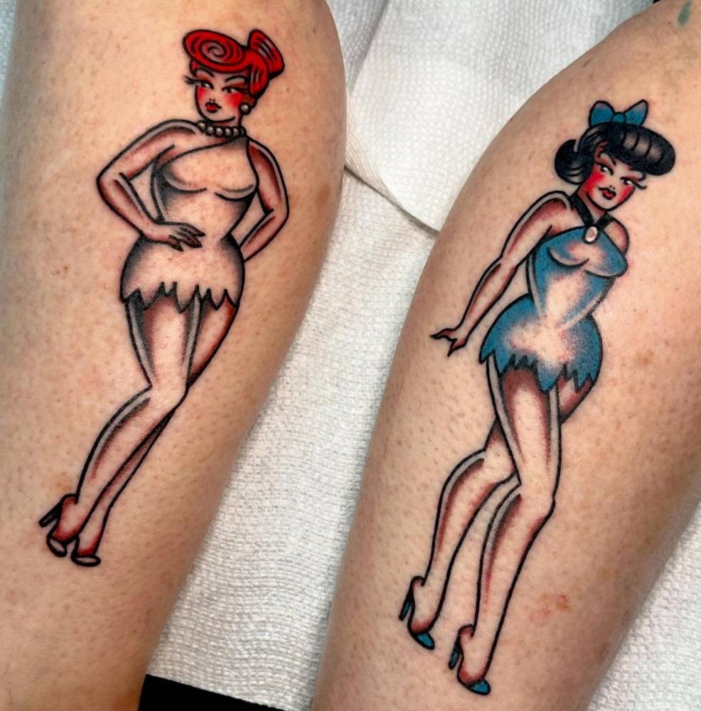 Individual matching Wilma and Betty tattoo in traditional style.