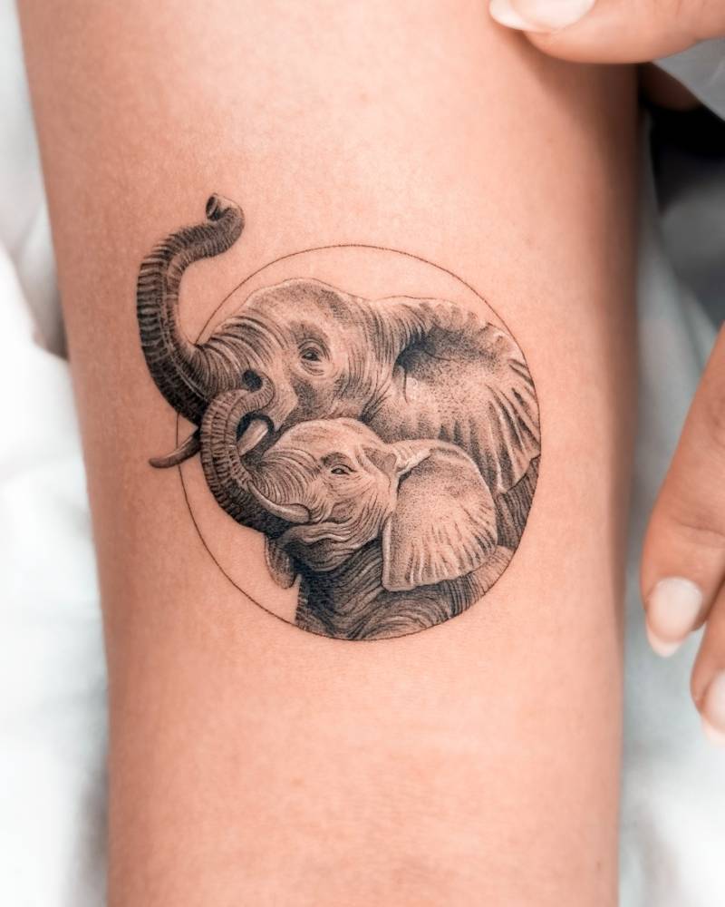 Elephant family tattoo in micro-realistic style located on the bicep.