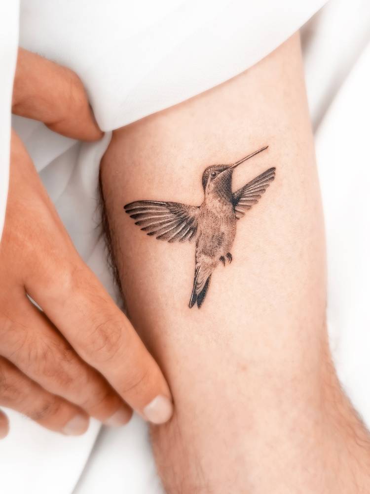Hummingbird tattoo in micro-realistic style located on the inner arm.