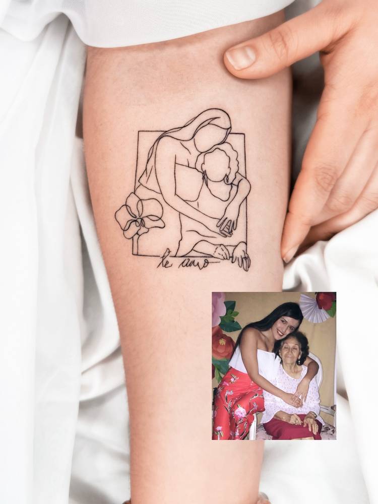 Family portrait tattoo located on the inner forearm, done in fine line style.