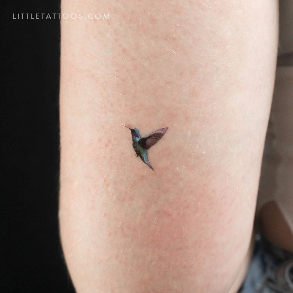 Micro-realistic style hummingbird temporary tattoo located on the tricep.