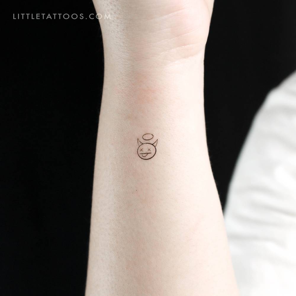 Minimalistic style devil portrait temporary tattoo.