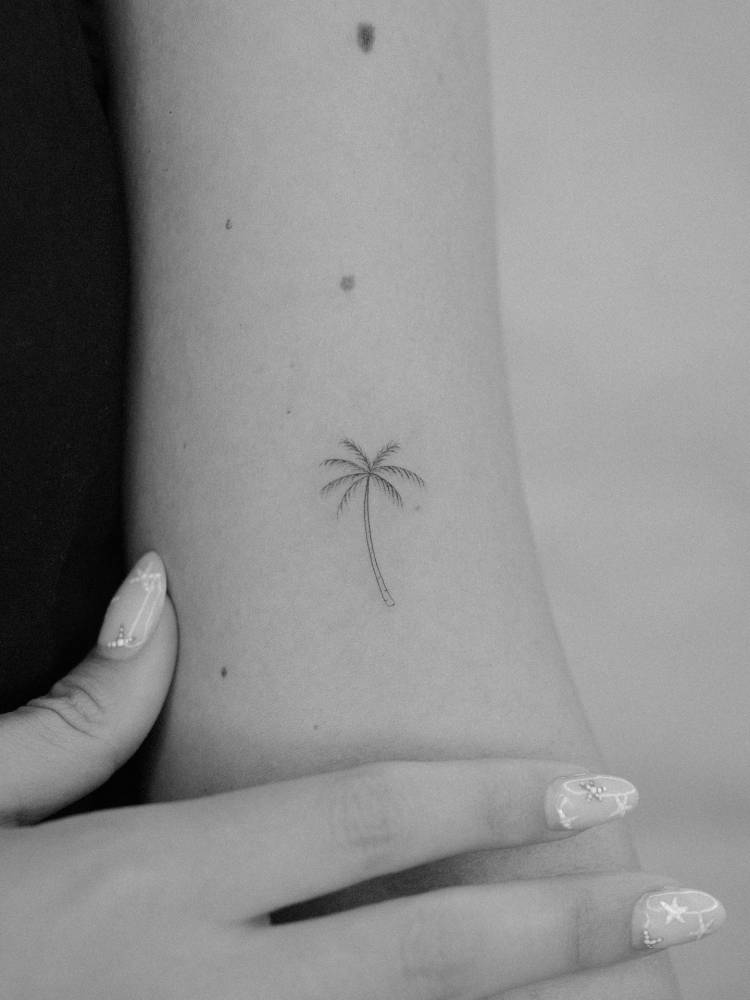Little fine line style palm tree tattoo located on the bicep.