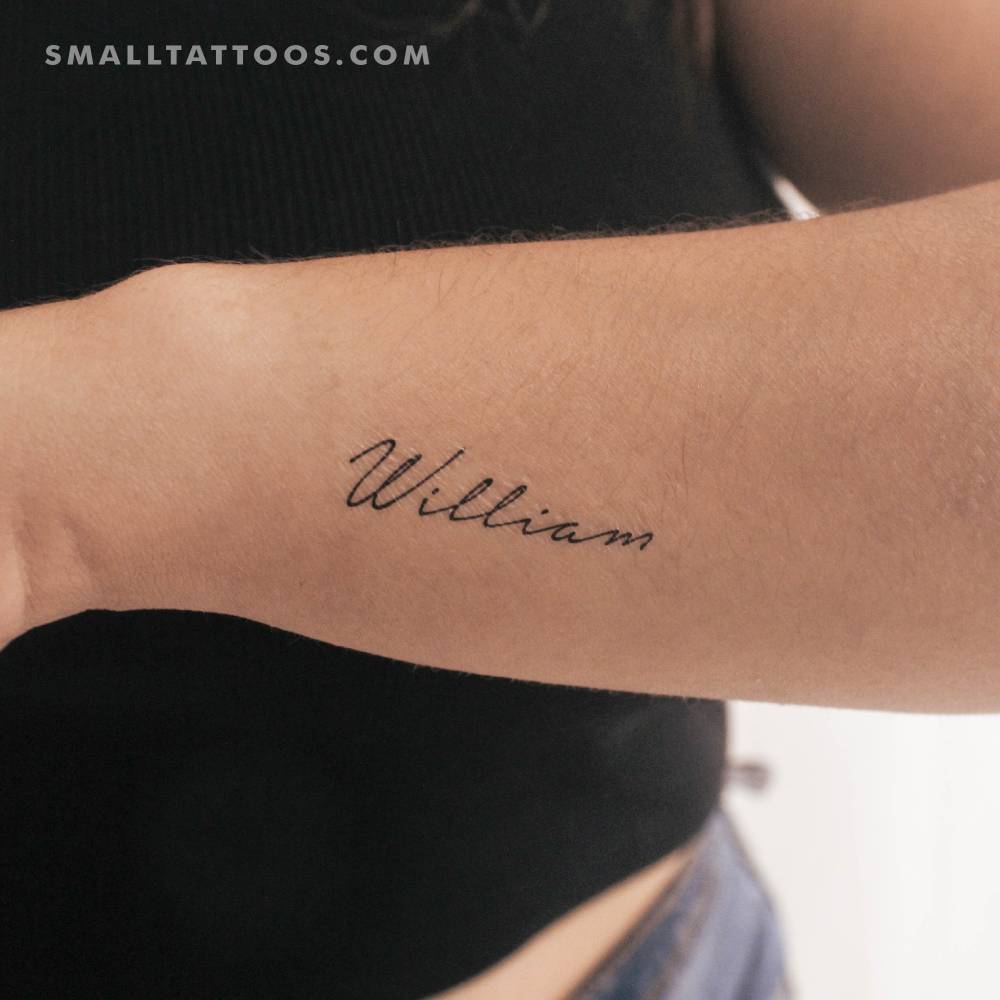 Handwritten name "William" temporary tattoo located on the wrist.