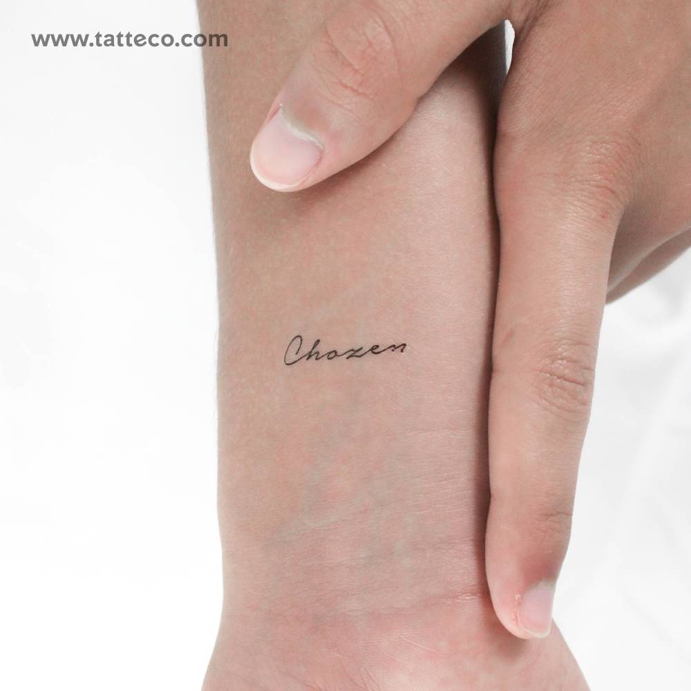 Name "Chozen" temporary lettering tattoo.