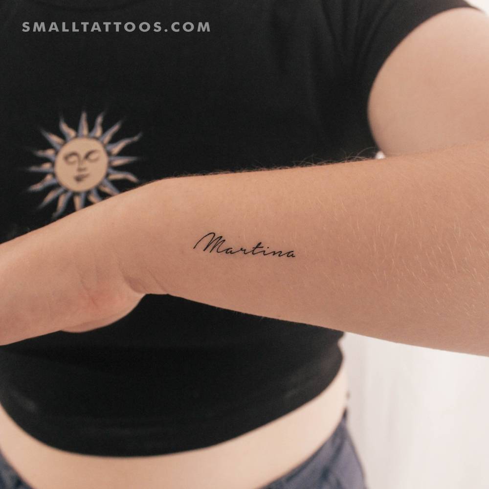 Handwritten font name "Martina" temporary tattoo located on the wrist.