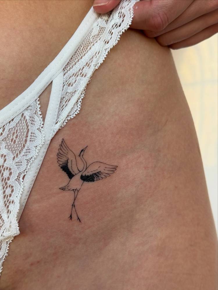 Crane tattoo in illustrative style placed on the pelvis.