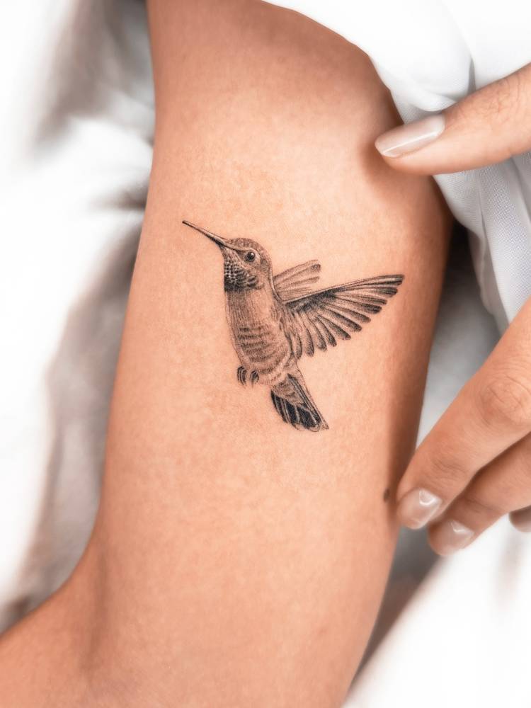 Hummingbird tattoo in micro-realistic style located on the inner arm.