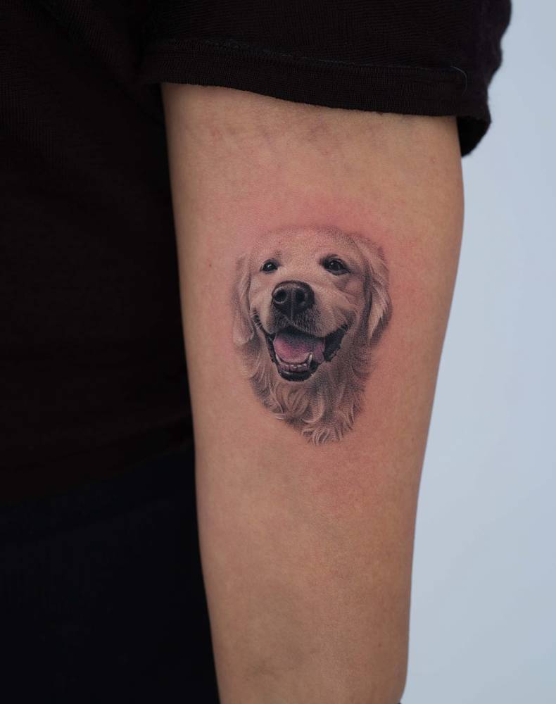 Golden Retriever portrait tattoo placed on the inner forearm, micro-realistic style.