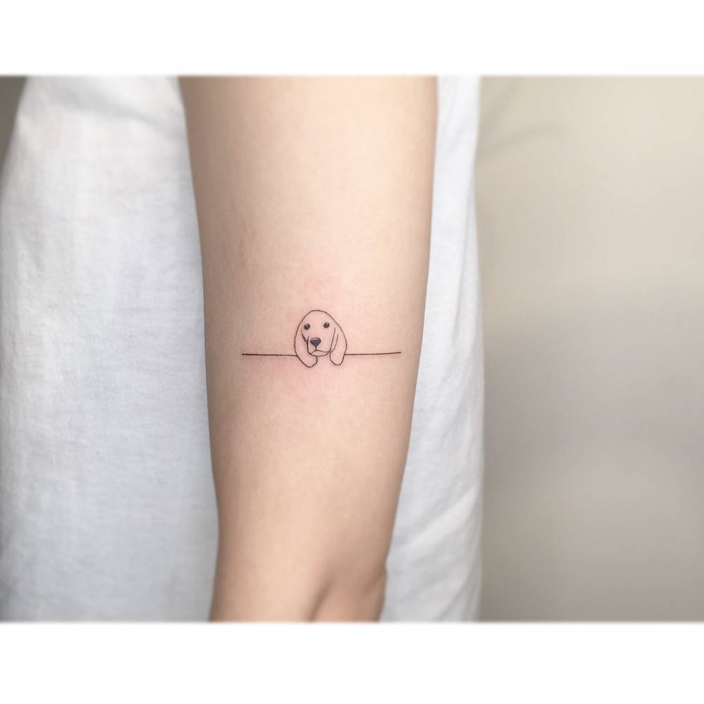 Fine line style Beagle portrait tattoo located on the upper arm.