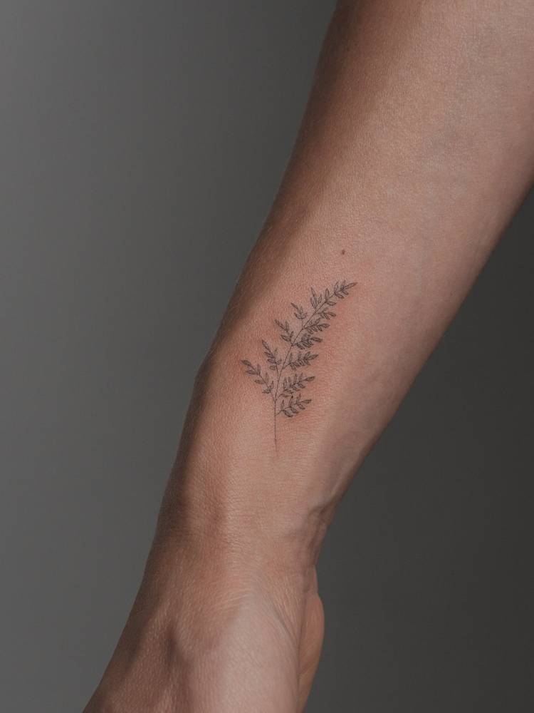 Single needle fern frond tattoo located on the wrist.