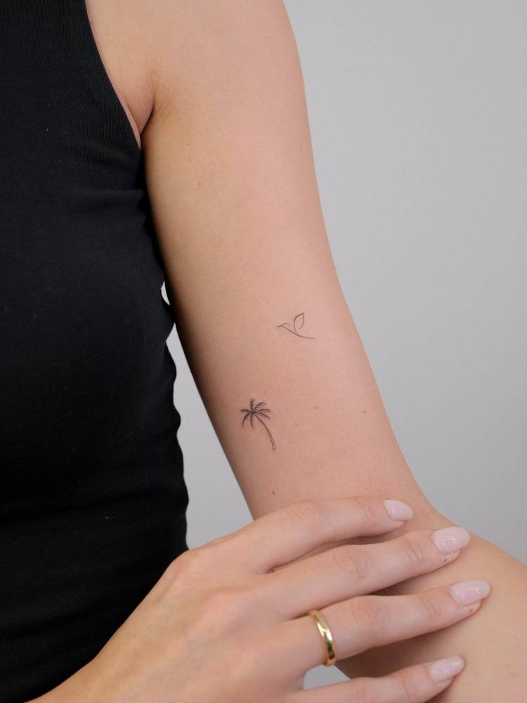 Palm tree and hummingbird tattoo in fine line style placed on the inner arm.