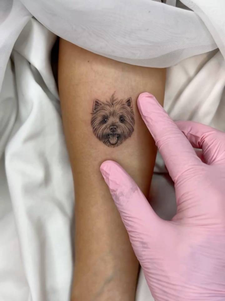 Terrier portrait tattoo in micro-realistic style placed on the inner forearm.