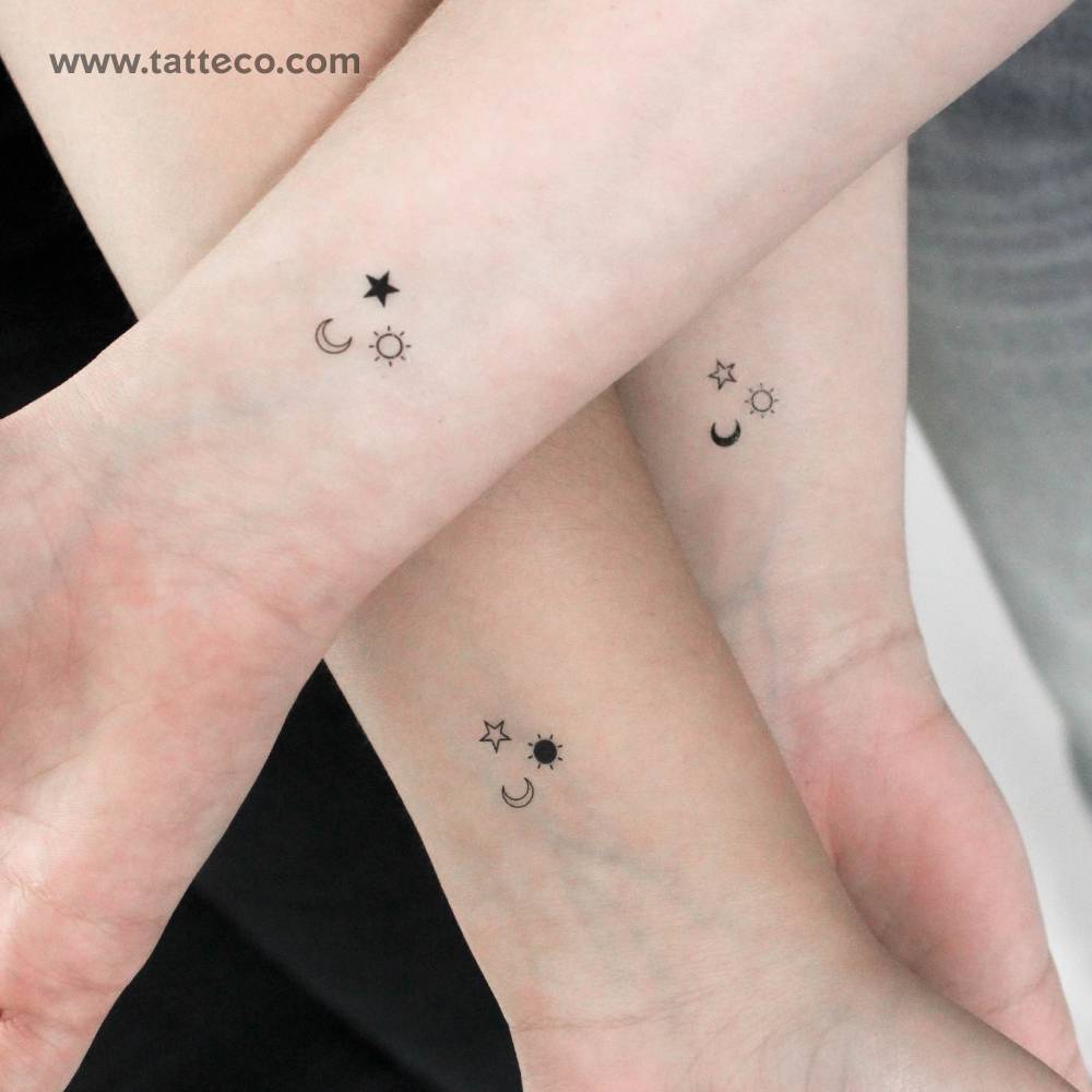 Matching sun moon and star temporary tattoo for best friends.