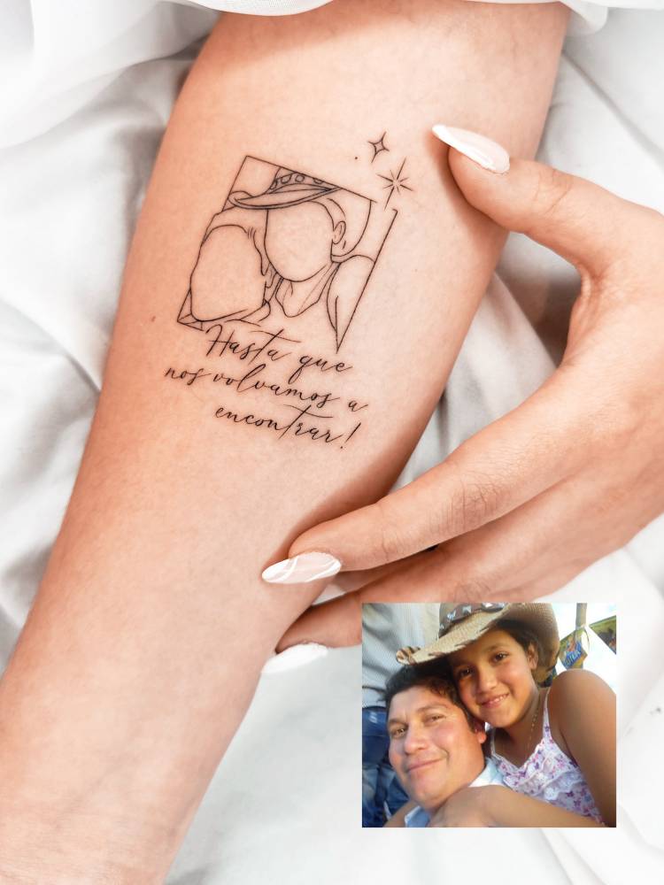 Memorial father and daughter portrait tattoo located on the inner forearm.