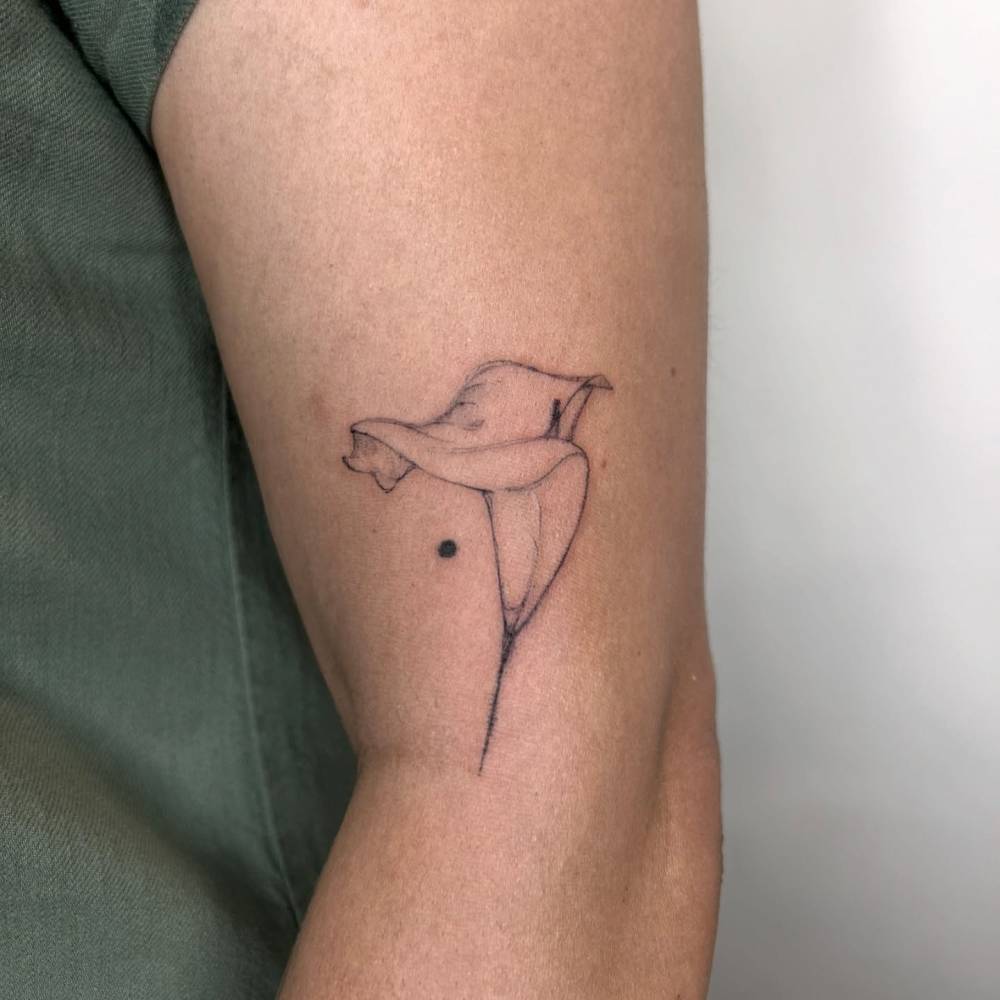 Calla lily flower tattoo placed on the upper arm, illustrative style.