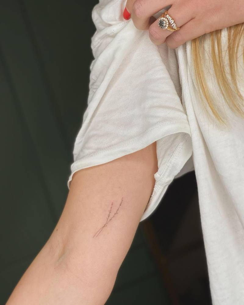 Minimalistic lavender tattooed on the inner arm, fine line style.