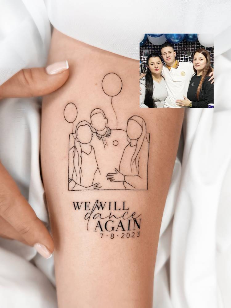 Family portrait tattoo in fine line style located on the inner forearm.