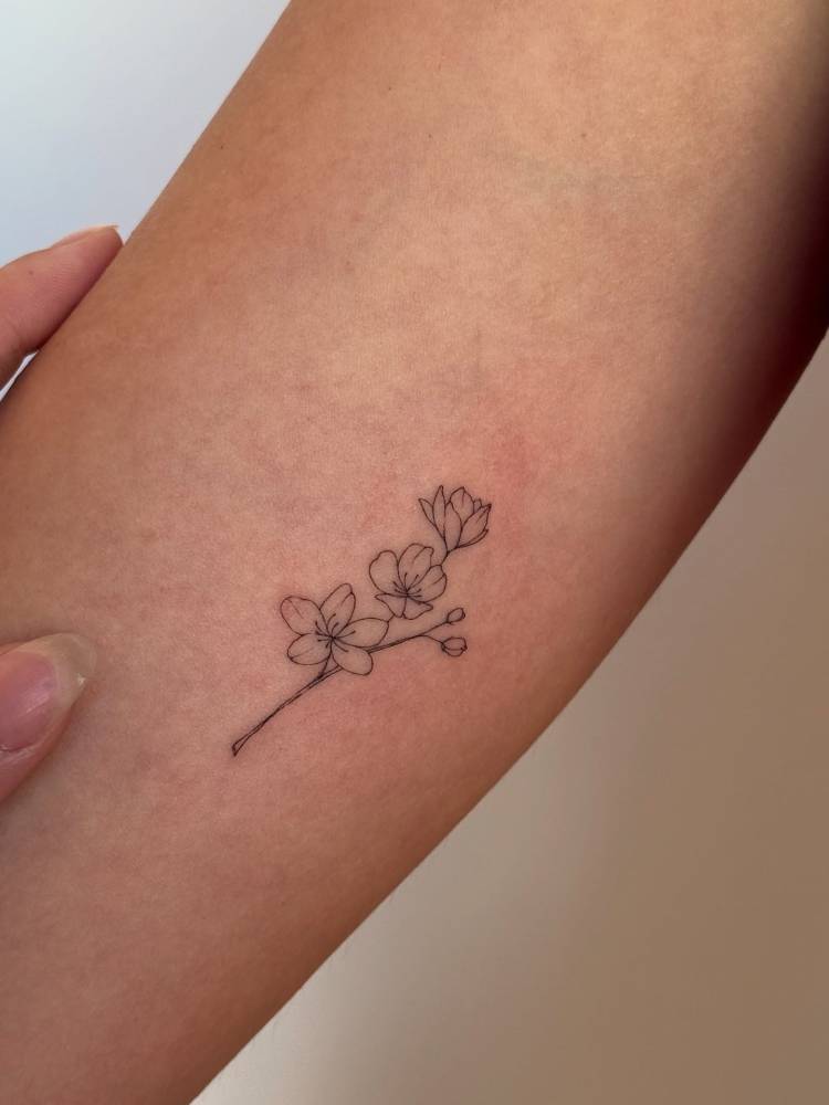 Cherry blossom tattoo in fine line style located on the inner arm.