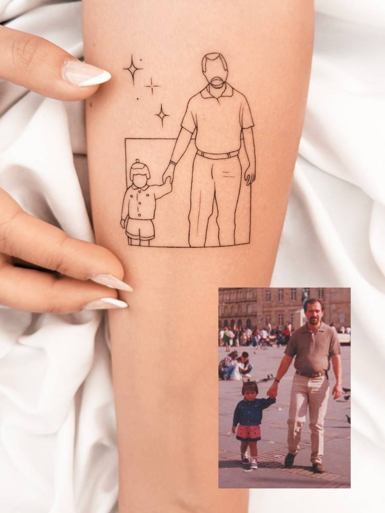 Fatherhood family portrait tattoo in fine line style.