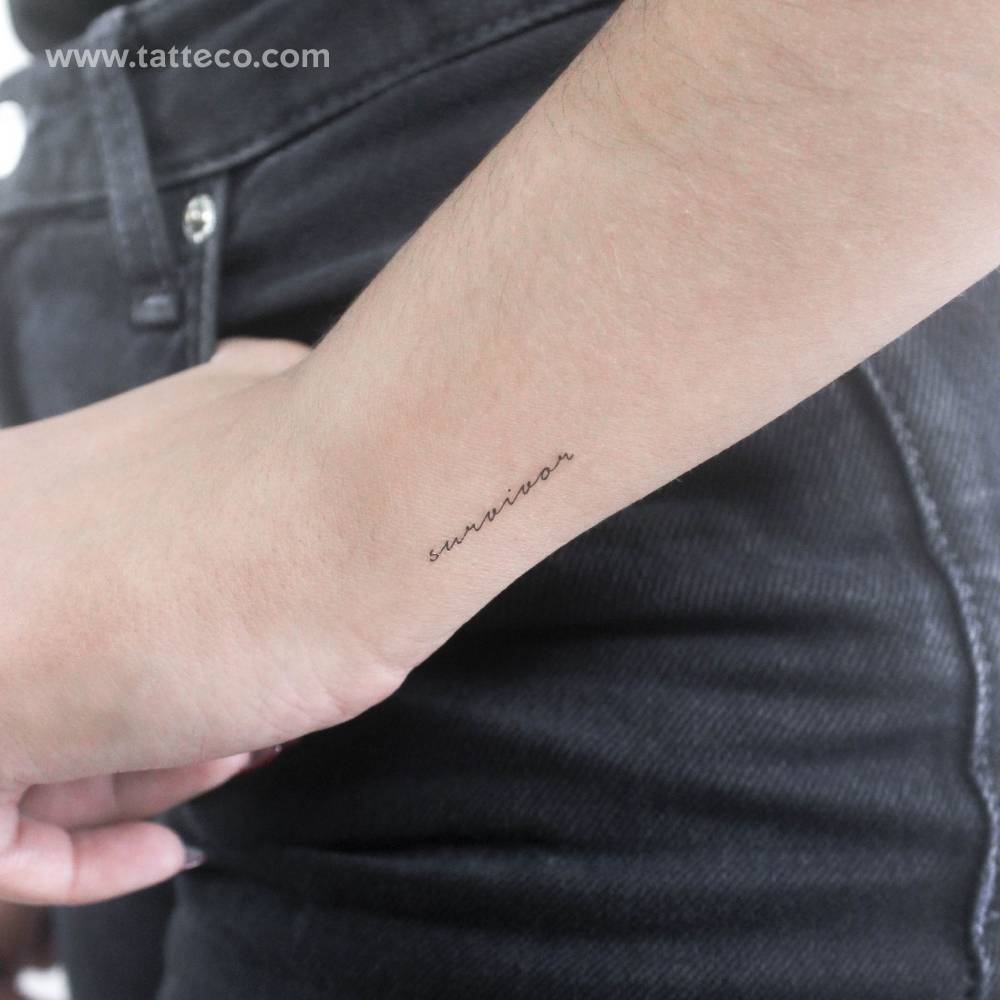 Handwritten font word "survivor" temporary tattoo located on the wrist.