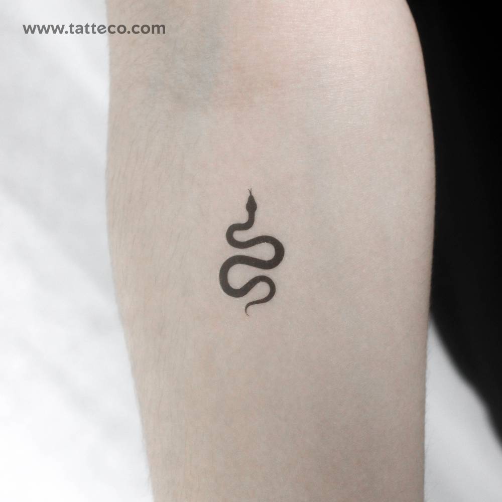 Small black snake temporary tattoo located on the inner forearm.