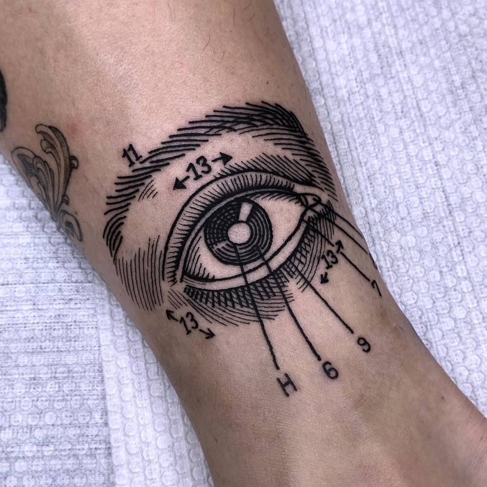 Eye scientific illustration tattooed on the ankle, engraving style.