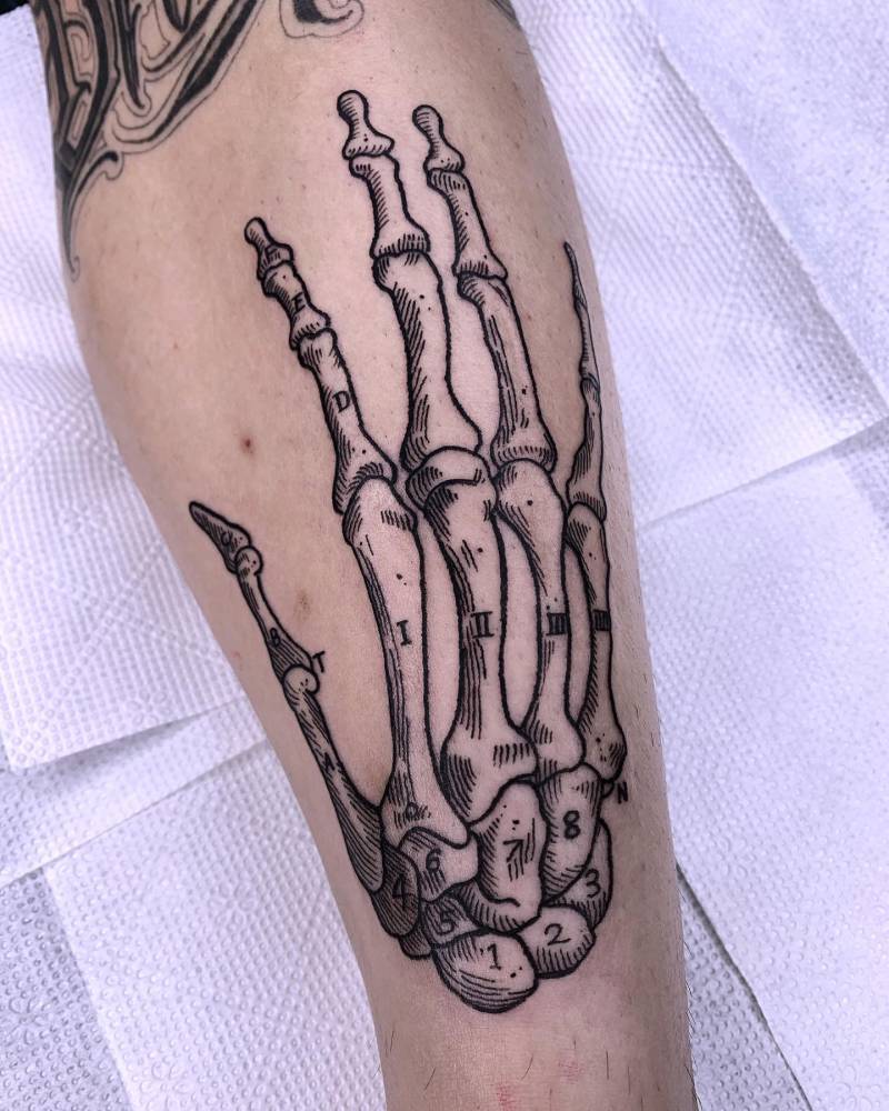 Skeleton hand scientific illustration tattooed on the shin.