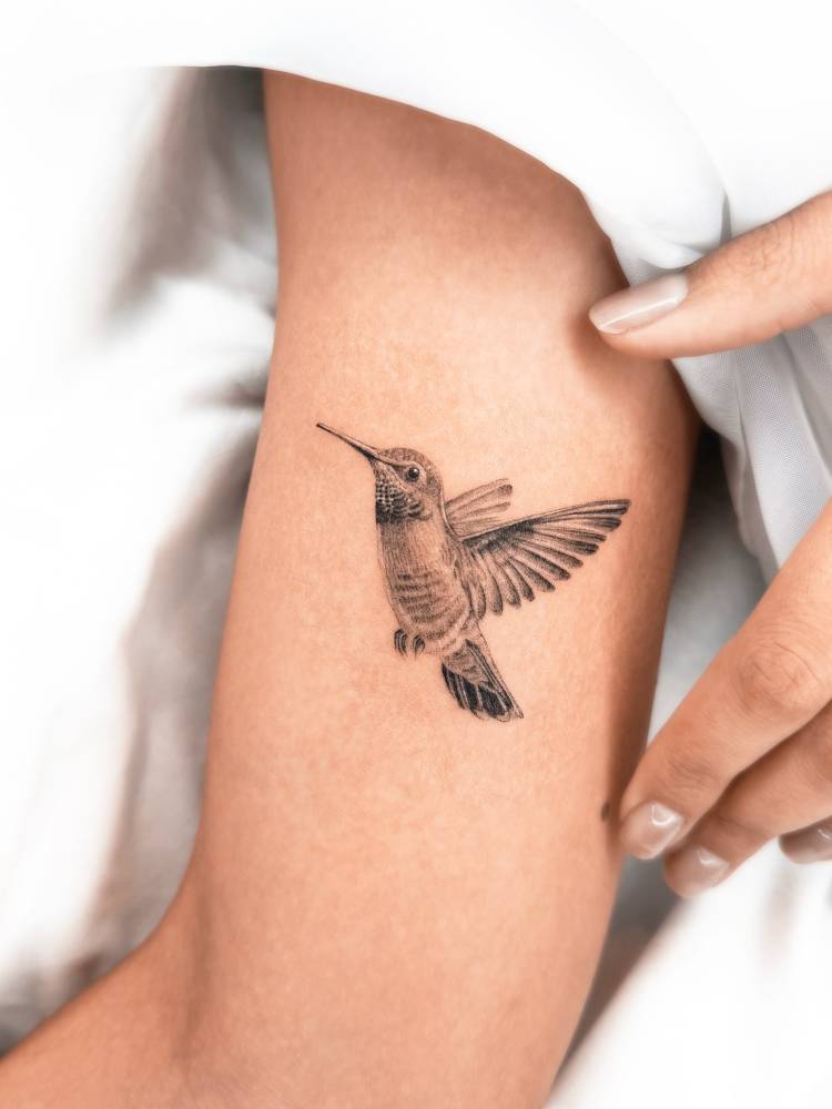 Hummingbird tattoo in micro-realistic style located on the inner arm.