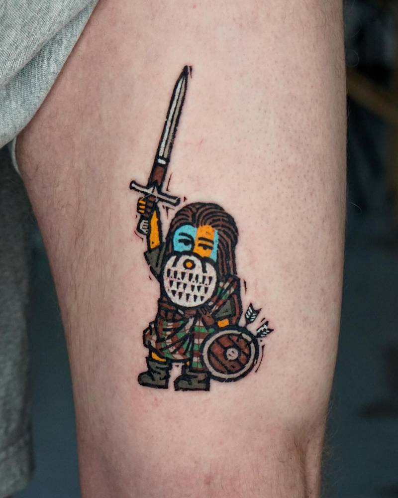 Braveheart gnome tattooed on the thigh, pop art style.