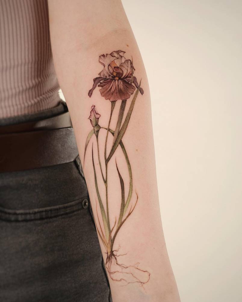 Watercolor style iris flower tattoo located on the inner forearm.
