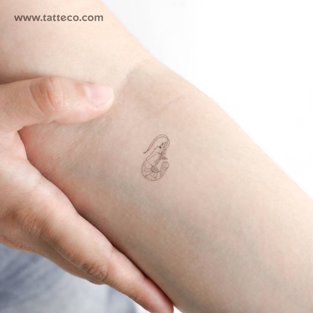 Fine line style shrimp temporary tattoo located on the inner forearm.
