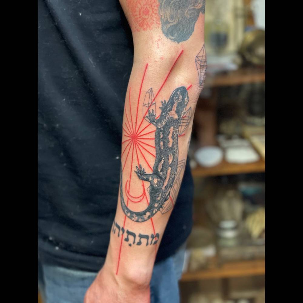 Graphic style salamander tattoo located on the forearm.