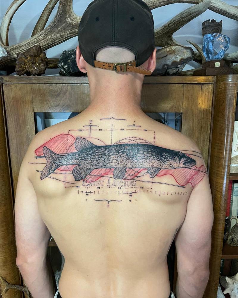 Northern Pike tattoo in graphic style located on the upper back.