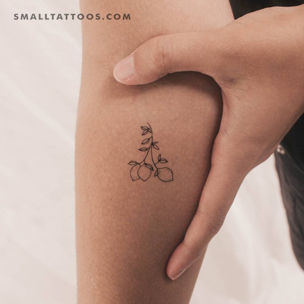 Small fine line style lemon branch temporary tattoo.