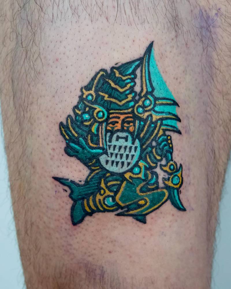 Dark Paladin gnome tattoo in cartoon style placed on the thigh.