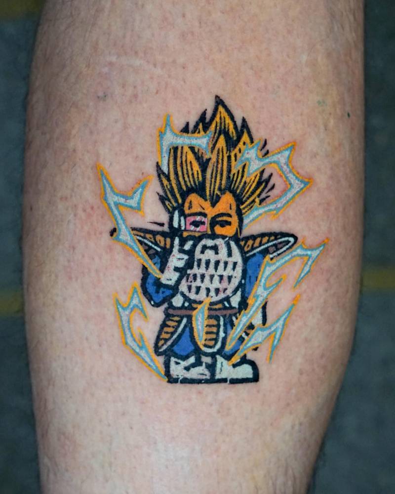 Vegeta gnome tattoo in pop art style placed on the calf.