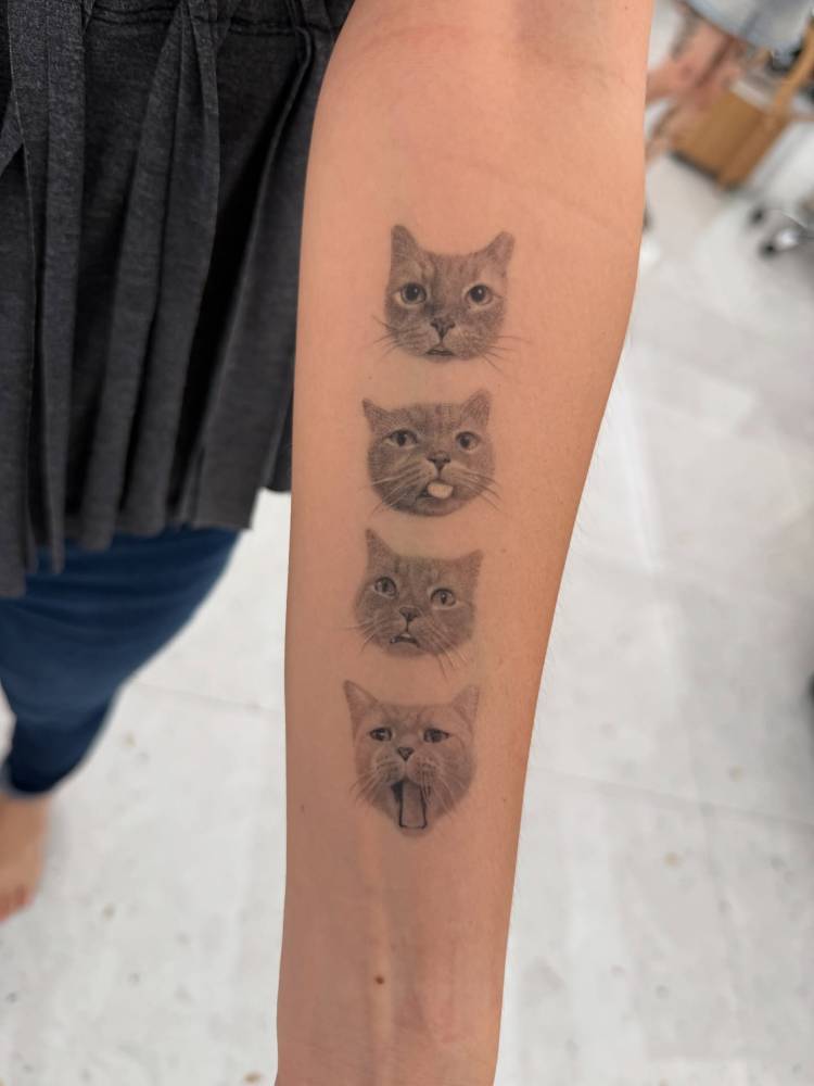 Cat portrait collection tattoo in micro-realistic style.