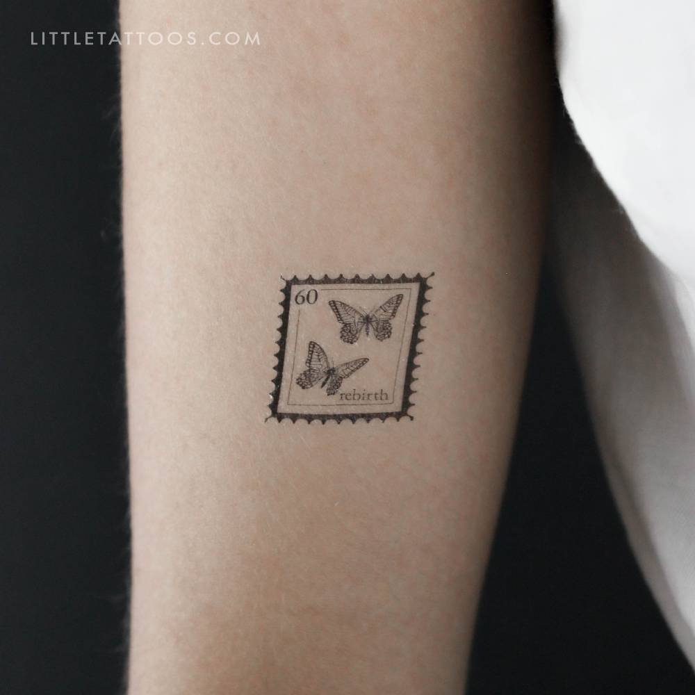Butterfly stamp temporary tattoo located on the inner forearm.