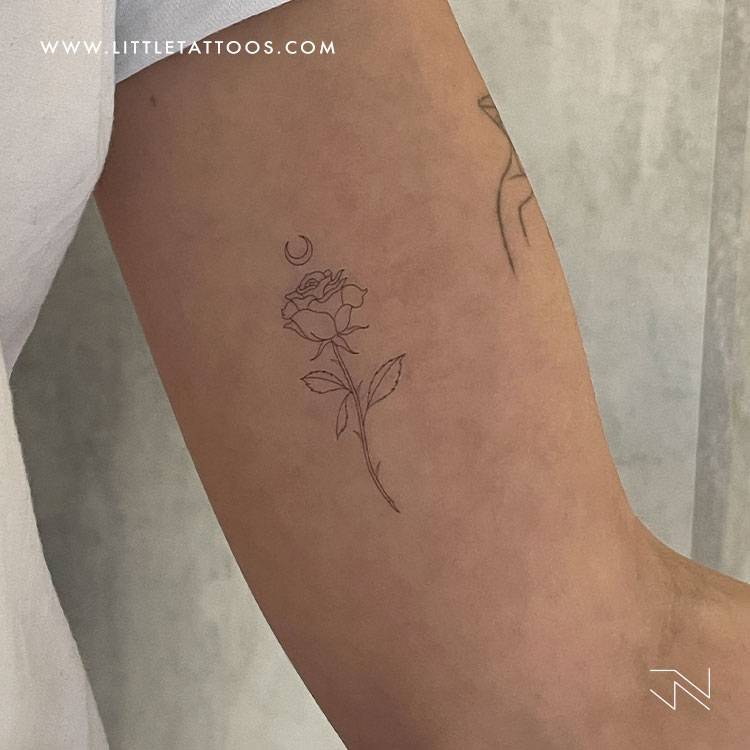 Small fine line moon rose outline temporary tattoo designed by Jakenowicz, get it here ► http://bit.ly/3pssTEM