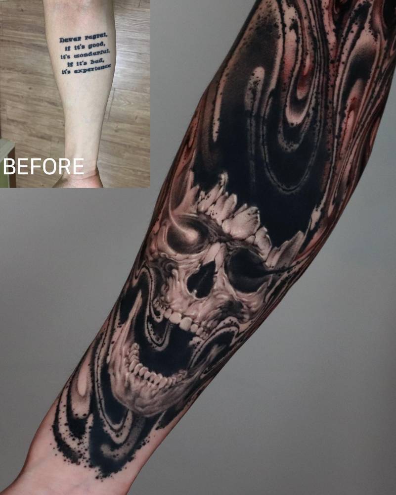 Abstract skull cover up tattoo located on the inner forearm.