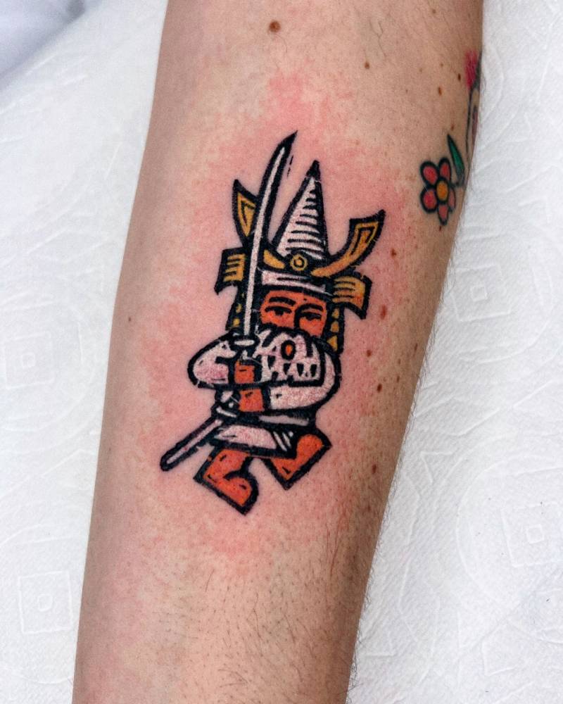 Samurai gnome tattoo located on the inner forearm.