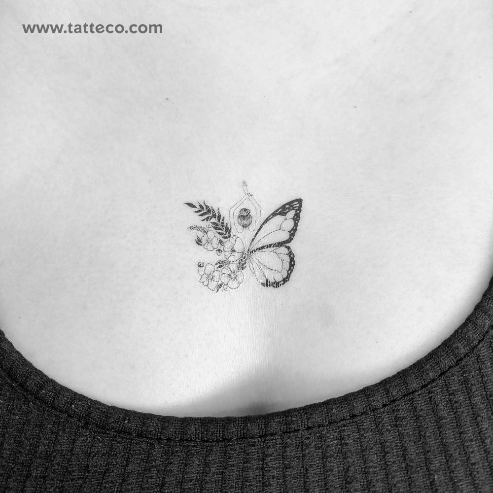 Butterfly flower woman temporary tattoo located on the sternum.