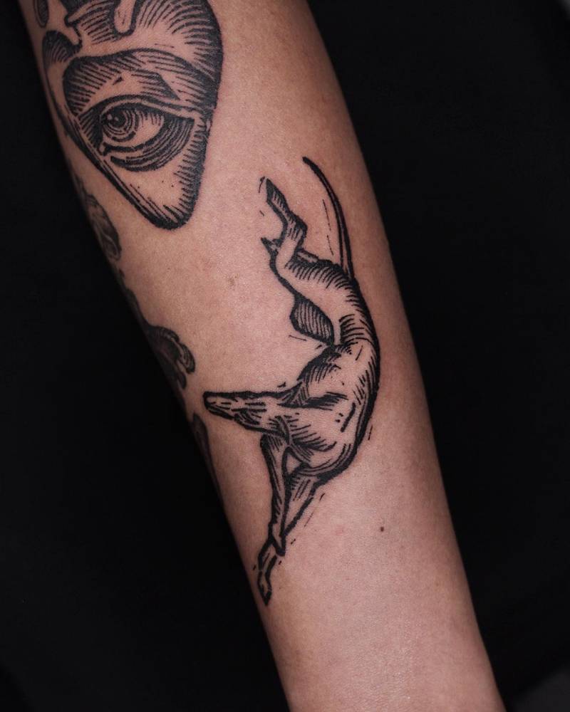 Engraving style greyhound tattoo located on the forearm.