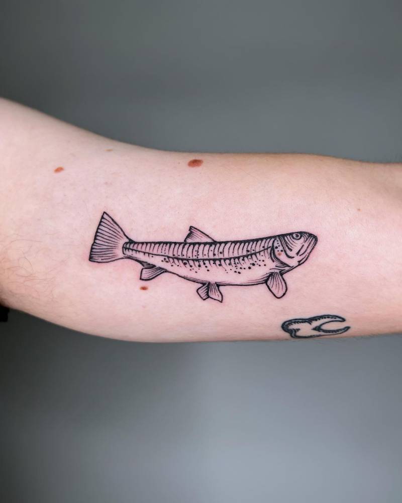 Salmon tattoo in engraving style located on the inner arm.