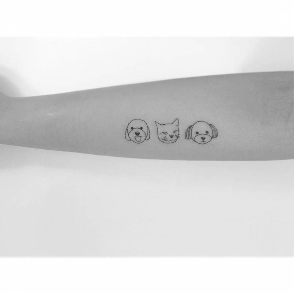 Minimalistic style dogs and cat portraits tattooed on the inner forearm.